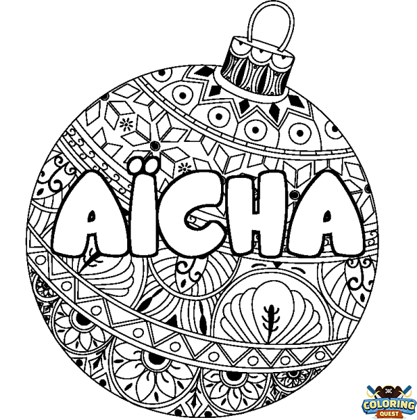 Coloring page first name A&Iuml;CHA - Christmas tree bulb background