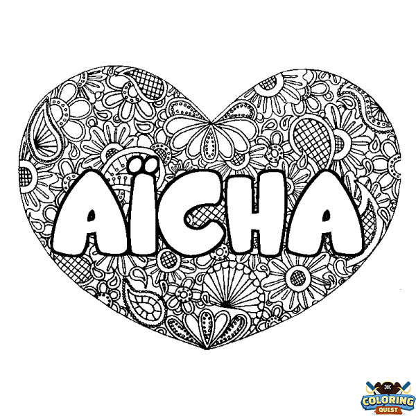 Coloring page first name A&Iuml;CHA - Heart mandala background