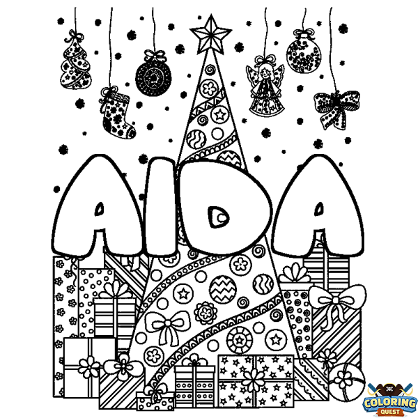 Coloring page first name AIDA - Christmas tree and presents background