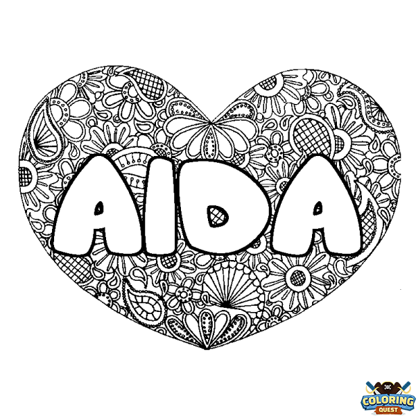 Coloring page first name AIDA - Heart mandala background