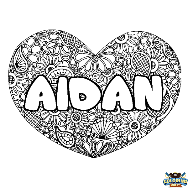 Coloring page first name AIDAN - Heart mandala background