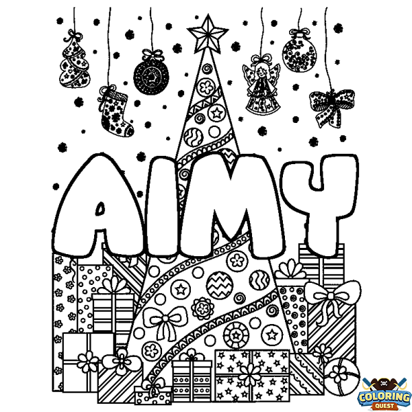 Coloring page first name AIMY - Christmas tree and presents background