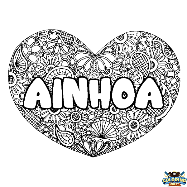 Coloring page first name AINHOA - Heart mandala background