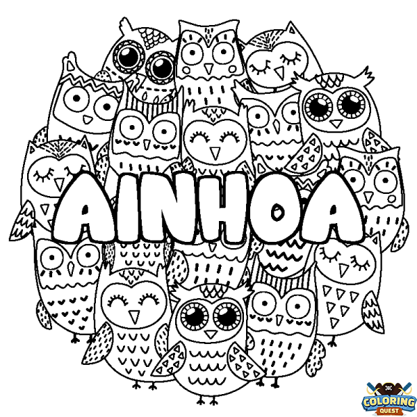 Coloring page first name AINHOA - Owls background