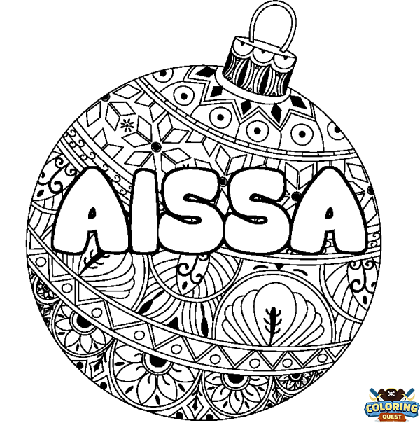Coloring page first name AISSA - Christmas tree bulb background