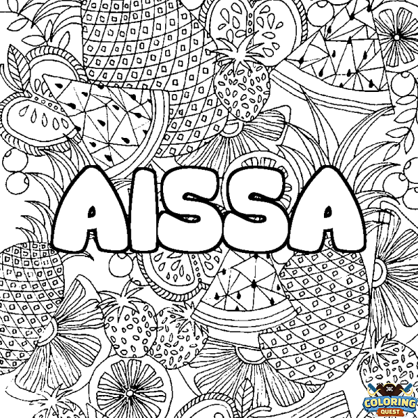 Coloring page first name AISSA - Fruits mandala background