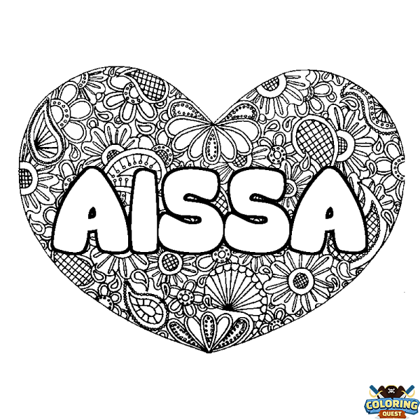 Coloring page first name AISSA - Heart mandala background