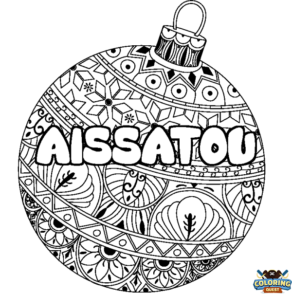 Coloring page first name AISSATOU - Christmas tree bulb background