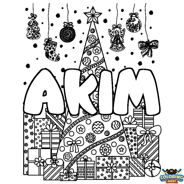 Coloring page first name AKIM - Christmas tree and presents background