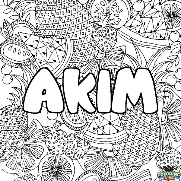 Coloring page first name AKIM - Fruits mandala background