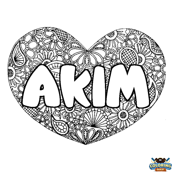 Coloring page first name AKIM - Heart mandala background