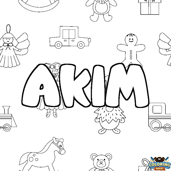 Coloring page first name AKIM - Toys background