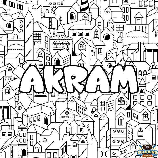 Coloring page first name AKRAM - City background