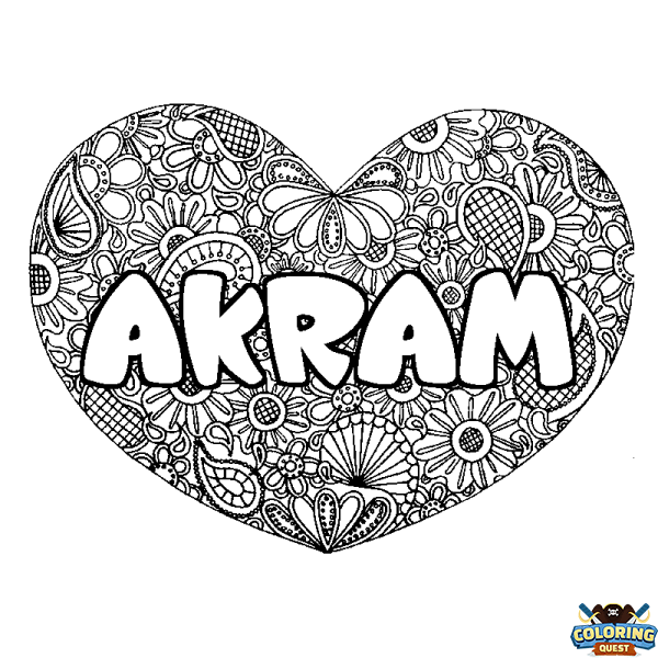 Coloring page first name AKRAM - Heart mandala background