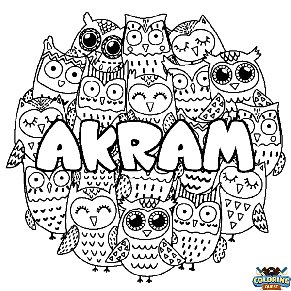 Coloring page first name AKRAM - Owls background