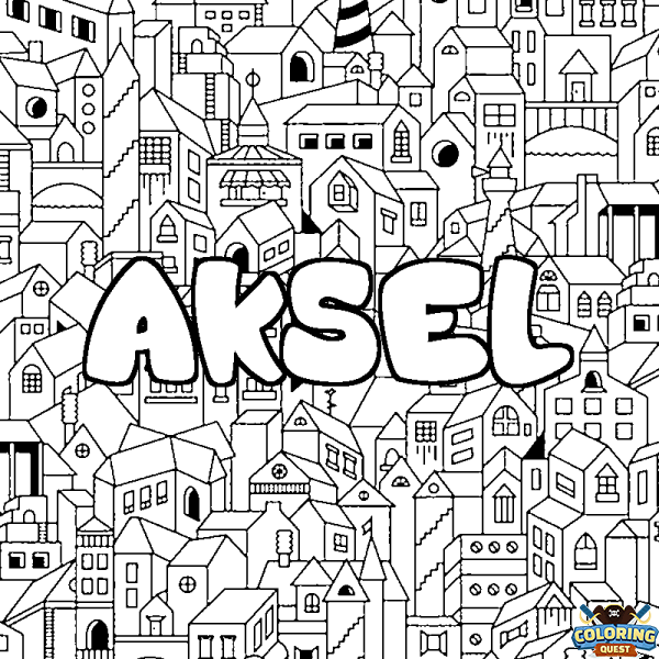 Coloring page first name AKSEL - City background
