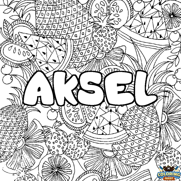 Coloring page first name AKSEL - Fruits mandala background