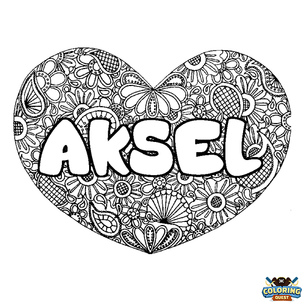 Coloring page first name AKSEL - Heart mandala background