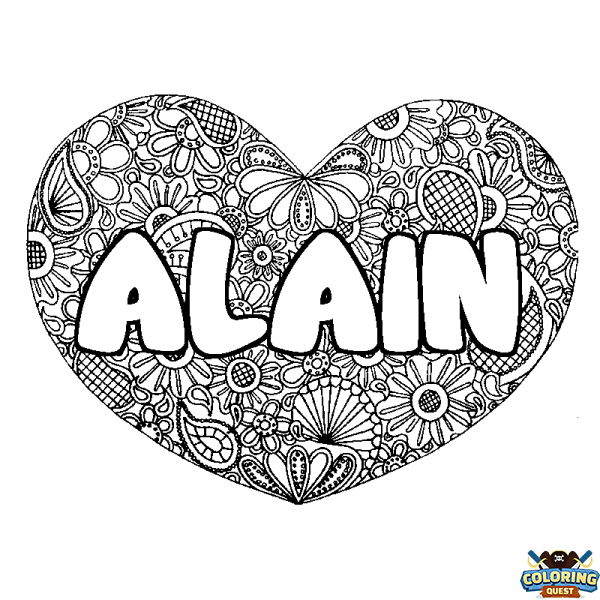 Coloring page first name ALAIN - Heart mandala background