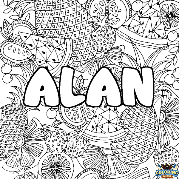 Coloring page first name ALAN - Fruits mandala background