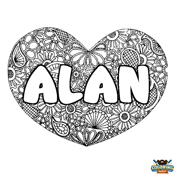 Coloring page first name ALAN - Heart mandala background