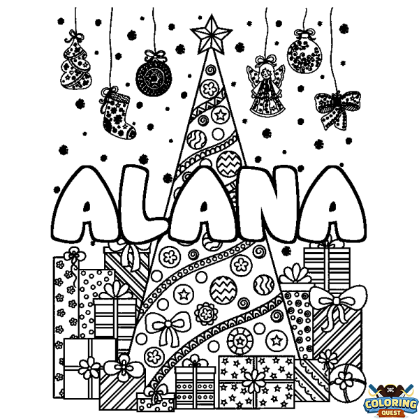 Coloring page first name ALANA - Christmas tree and presents background