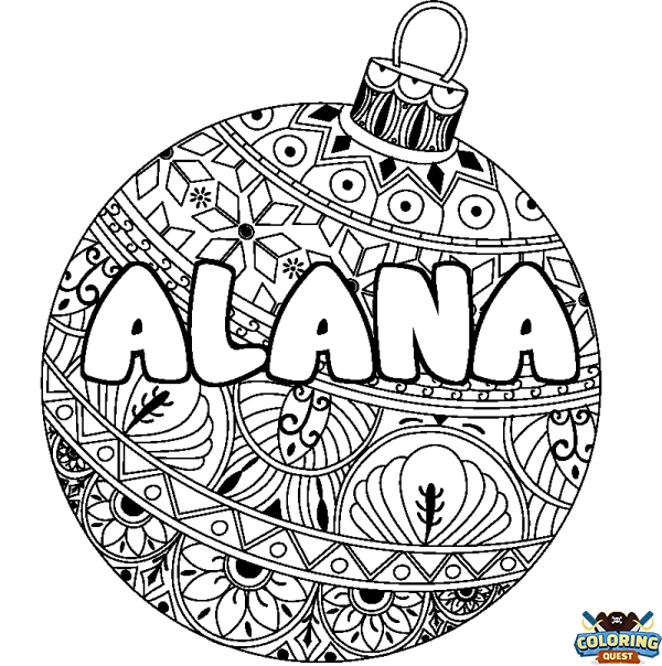 Coloring page first name ALANA - Christmas tree bulb background