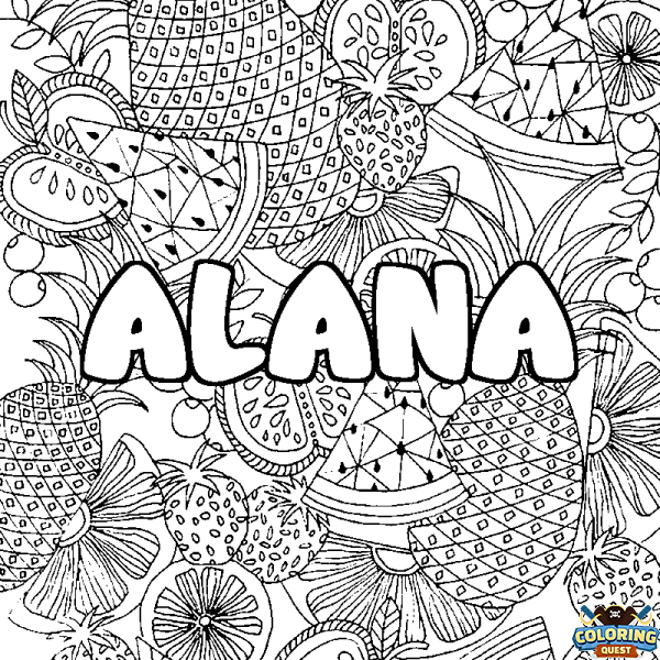 Coloring page first name ALANA - Fruits mandala background