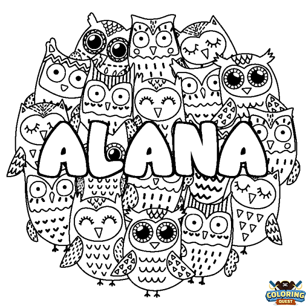 Coloring page first name ALANA - Owls background