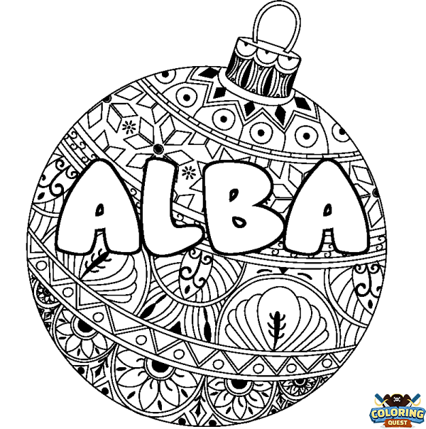 Coloring page first name ALBA - Christmas tree bulb background