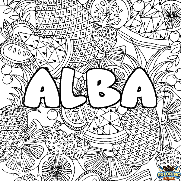 Coloring page first name ALBA - Fruits mandala background