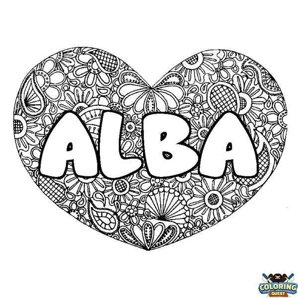 Coloring page first name ALBA - Heart mandala background