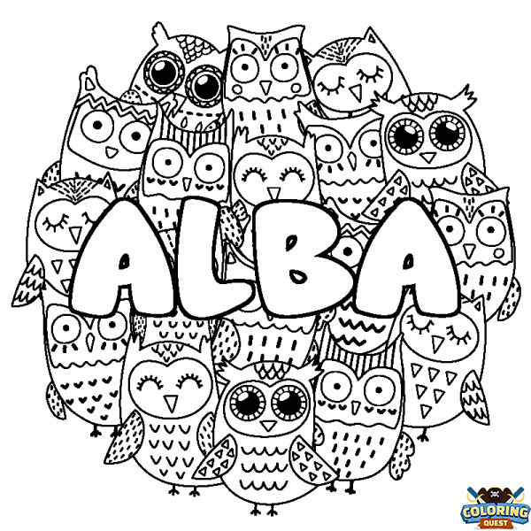 Coloring page first name ALBA - Owls background
