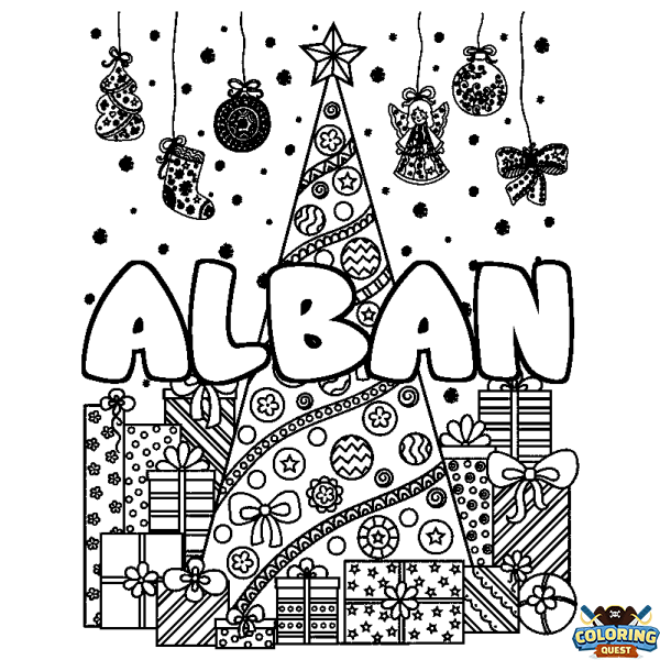 Coloring page first name ALBAN - Christmas tree and presents background