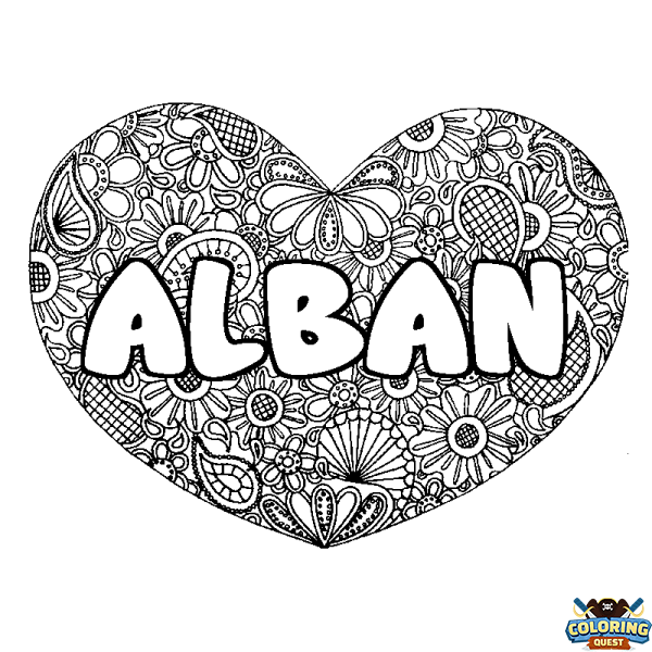Coloring page first name ALBAN - Heart mandala background