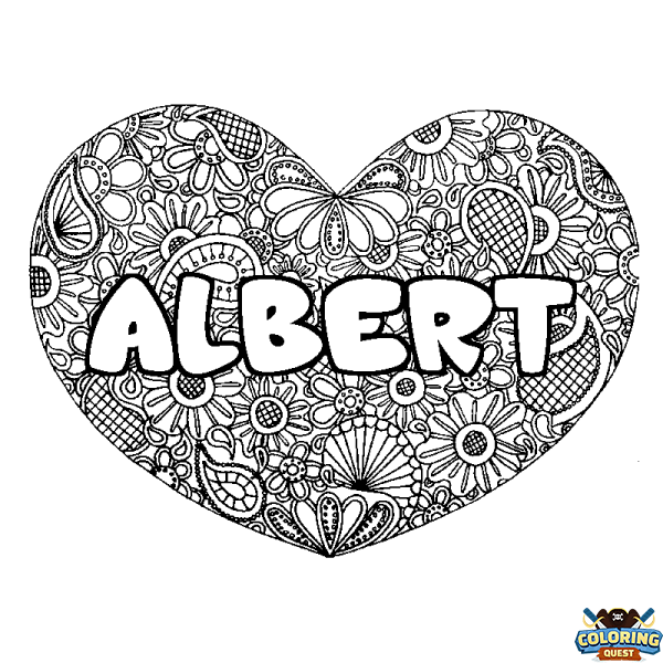 Coloring page first name ALBERT - Heart mandala background