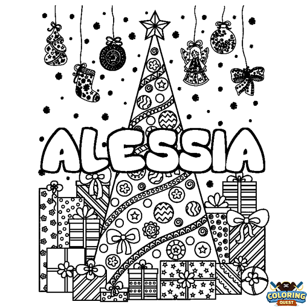 Coloring page first name ALESSIA - Christmas tree and presents background