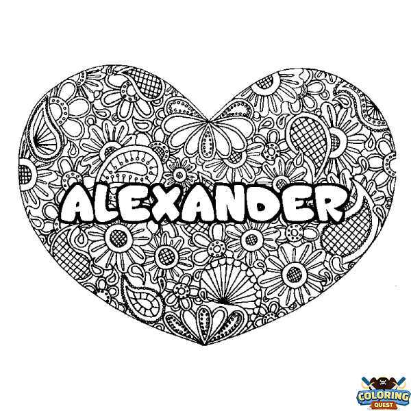 Coloring page first name ALEXANDER - Heart mandala background