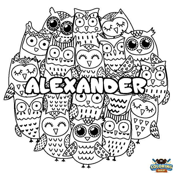 Coloring page first name ALEXANDER - Owls background