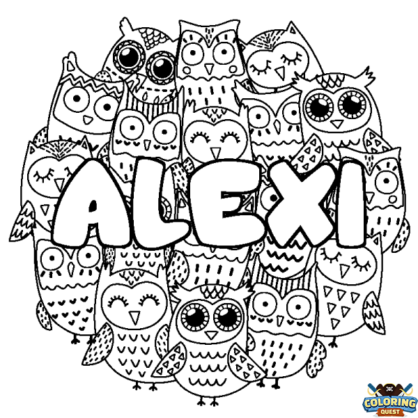 Coloring page first name ALEXI - Owls background
