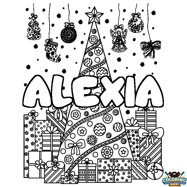 Coloring page first name ALEXIA - Christmas tree and presents background
