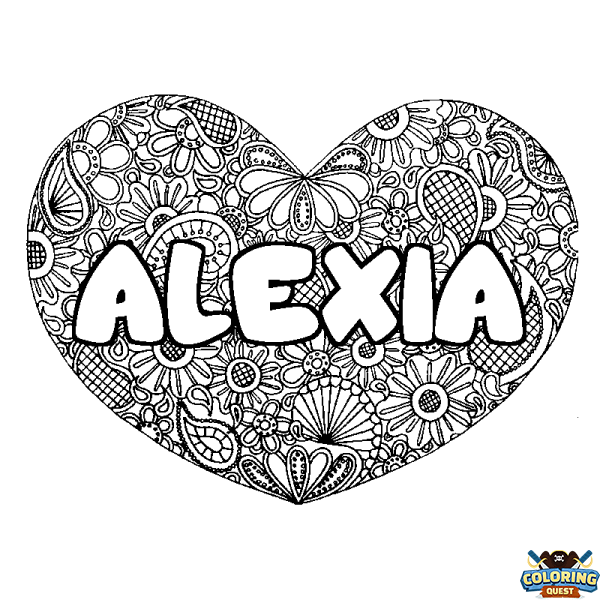 Coloring page first name ALEXIA - Heart mandala background