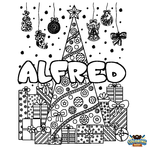 Coloring page first name ALFRED - Christmas tree and presents background