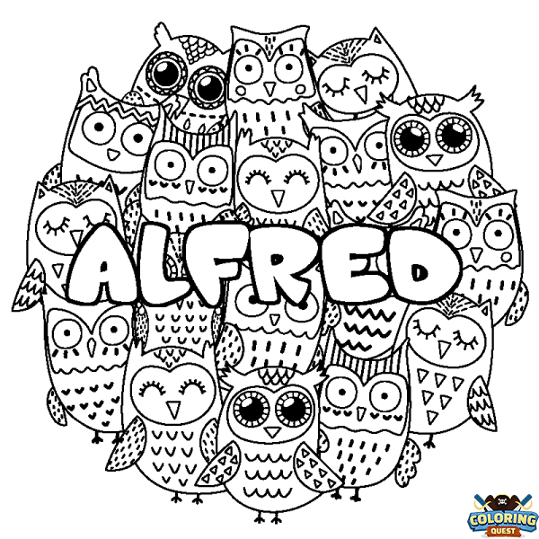 Coloring page first name ALFRED - Owls background