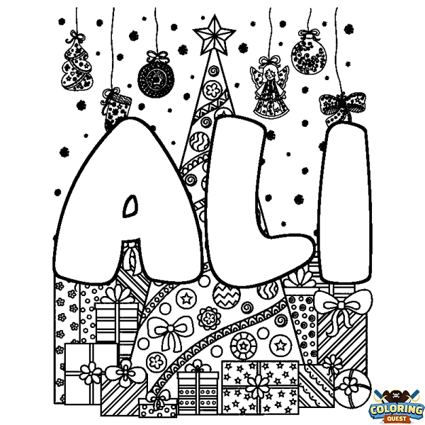 Coloring page first name ALI - Christmas tree and presents background