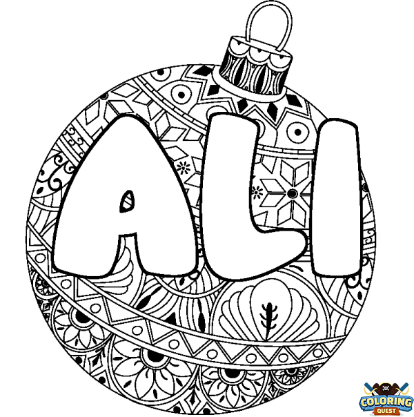 Coloring page first name ALI - Christmas tree bulb background