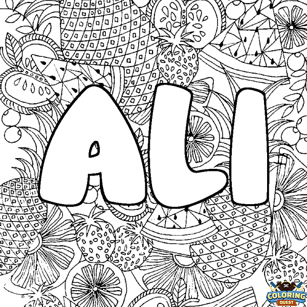 Coloring page first name ALI - Fruits mandala background