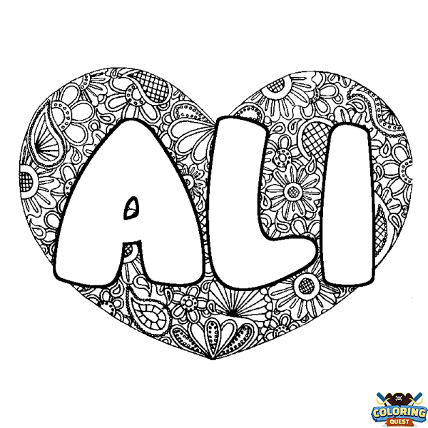 Coloring page first name ALI - Heart mandala background