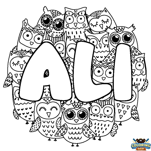 Coloring page first name ALI - Owls background
