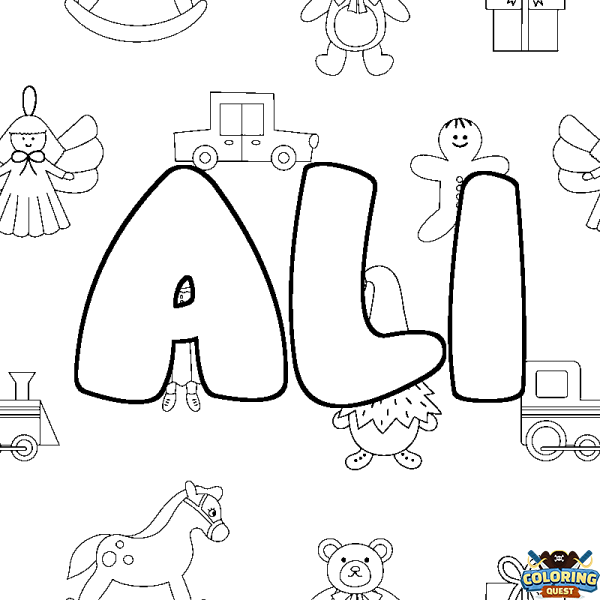 Coloring page first name ALI - Toys background
